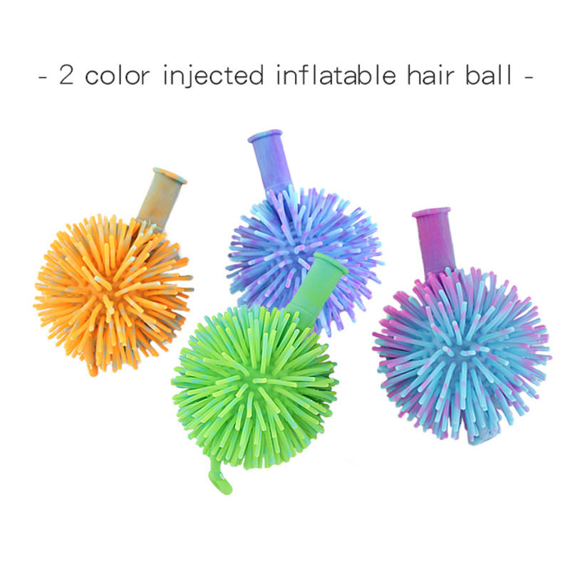 Wholesale Kids Adult Double TPR Inflatable Bushy Hairy Squishy Puffer Blowing Ball Toy Squeeze Ball
